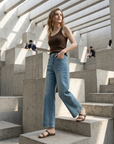 Women's High-Waist Straight Leg Cropped Jeans – Washed Denim