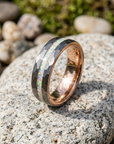 Men's Tungsten Rose Gold Hammered Ring – Crushed Opal Inlay