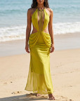 Women's Bohemian Halter Neck Beaded Drawstring Dress