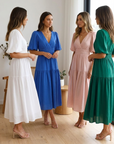 Women's Puff-Sleeve Maxi Dress – V-Neck High-Waist Swing Dress