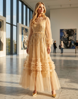 Women's Embroidered Sequin Mesh Dress – Long Sleeve High-Waist Ruffle Cake Skirt