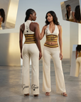 Women's Striped Crop Top & Flared Wide-Leg Pants Set