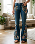Women's Embroidered Flared Denim Jeans – Mid-Waist Micro-Flare