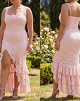 Women's Backless Sling Maxi Dress – Lace Ruffle Irregular Hem Bodycon