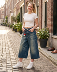 Women's Vintage Washed Denim Wide-Leg Cropped Pants