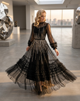 Women's Embroidered Sequin Mesh Dress – Long Sleeve High-Waist Ruffle Cake Skirt
