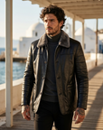 Men's Genuine Sheepskin Mid-Length Leather Coat – Fur-Lined Winter Jacket
