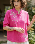 Women's Embroidered Cotton Linen Short Sleeve Shirt