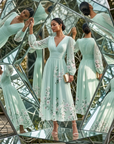 Women's Floral Digital Print Long-Sleeve V-Neck Pleated Dress