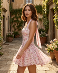 Women's Floral Halter Neck Chiffon Mini Dress