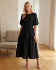 Women's Puff-Sleeve Maxi Dress – V-Neck High-Waist Swing Dress