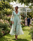 Women's Floral Digital Print Long-Sleeve V-Neck Pleated Dress