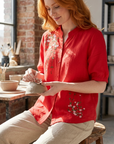 Women's Embroidered Cotton Linen Short Sleeve Shirt