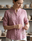 Women's Embroidered Cotton Linen Short Sleeve Shirt