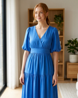 Women's Puff-Sleeve Maxi Dress – V-Neck High-Waist Swing Dress