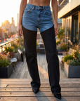 High-Waist Straight-Leg Jeans für Damen – Distressed Blau-Schwarzer Denim mit Color Blocking, Lässiger Vintage-Stil & Figurschmeichelnde Passform