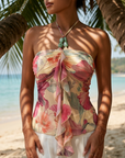 Women's Floral Beaded Halter Neck Knit Camisole Top