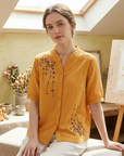Women's Embroidered Cotton Linen Short Sleeve Shirt