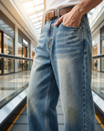Men's Korean Style Loose Straight-Leg Jeans | Washed Blue Denim