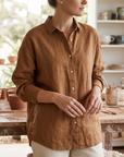 Women's 100% Linen Shirt – Long Sleeve Polo Collar Button-Down
