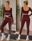 Women's Color Block Yoga Set – Long Sleeve Top & Cropped Leggings, 92% Nylon