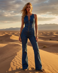 Women's Backless Denim Jumpsuit – Halter Neck High-Waist Zip-Up Slim Fit One-Piece