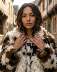 Women's Floral Faux Fur Coat – Eco-Friendly Plush Lapel Winter Jacket, Short or Long, S–L