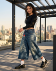 Women's Vintage Washed Denim Wide-Leg Cropped Pants