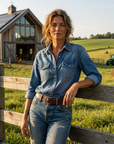 Cowboy-Jeanshemd für Damen – lockere Passform, Knopfleiste, Western-Stil, mit geometrischem Detail, lange Ärmel