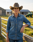 Cowboy-Jeanshemd für Damen – lockere Passform, Knopfleiste, Western-Stil, mit geometrischem Detail, lange Ärmel