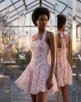 Women's Floral Halter Neck Chiffon Mini Dress