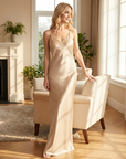 Women's Acetate Satin Slip Dress – V-Neck A-Line Bias Cut Maxi Gown with Adjustable Straps