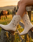 Cowboy-Stiefel für Damen mit Lochmuster – Western-Mid-Calf-Stiefel aus echtem Leder mit Stickerei, Blockabsatz und atmungsaktivem Cut-Out-Design