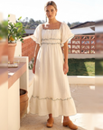 Women's Solid Color A-Line Mid-Length Dress – High Waist Lotus Leaf Sleeve U-Neck