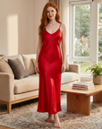 Women's Acetate Satin Slip Dress – V-Neck A-Line Bias Cut Maxi Gown with Adjustable Straps