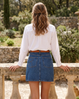 Damen-Jeans-Minirock mit hoher Taille – ausgestellter Minirock aus Baumwolle mit Blumenmuster, lässig