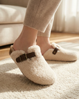 Women's Wool-Lined Genuine Leather Mule Slippers – Retro Thick-Sole Backless Slip-Ons