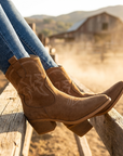 Women's Short Western Cowboy Boots – Suede Pointed Toe Thick Heel Slip-On