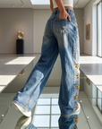 Women's Embroidered High-Waist Loose Denim Jeans