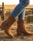 Women's Short Western Cowboy Boots – Suede Pointed Toe Thick Heel Slip-On