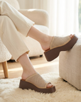 Damen-Plateau-Slipper aus echtem Leder – offene Kuhleder-Sandalen mit Fischmaul-Design und dickem Absatz, gepolsterter EVA-Sohle und atmungsaktivem Hohlmuster