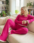 Women Knitted Top and Pants Set – Mercerized Cotton Two-Piece Outfit with Color-Block Design Long Sleeve Casual Suit