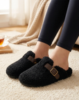 Women's Wool-Lined Genuine Leather Mule Slippers – Retro Thick-Sole Backless Slip-Ons