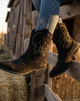 Women's Short Western Cowboy Boots – Suede Pointed Toe Thick Heel Slip-On