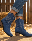 Women's Short Western Cowboy Boots – Suede Pointed Toe Thick Heel Slip-On