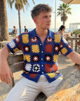 Men’s Crochet Knit Polo Shirt – Geometric Pattern Breathable Short Sleeve Summer Polo