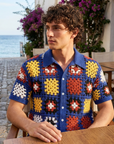 Men’s Crochet Knit Polo Shirt – Geometric Pattern Breathable Short Sleeve Summer Polo