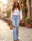 Damen zerrissene elegante High-Waist-Cowboy-Hose mit weitem Bein SLOW