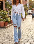 Damen zerrissene elegante High-Waist-Cowboy-Hose mit weitem Bein SLOW