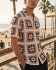 Herren Häkelstrick-Polohemd – Color Block Jacquard Kurzarm Atmungsaktives Sommer-Polo
